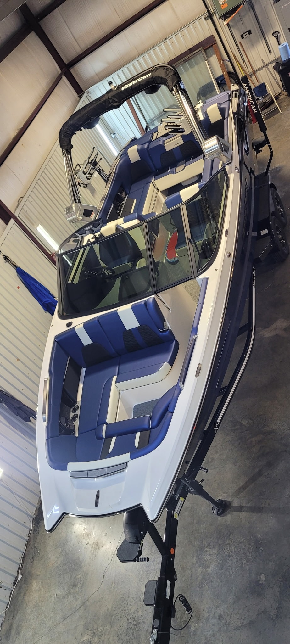 Speedboat with blue and white interior